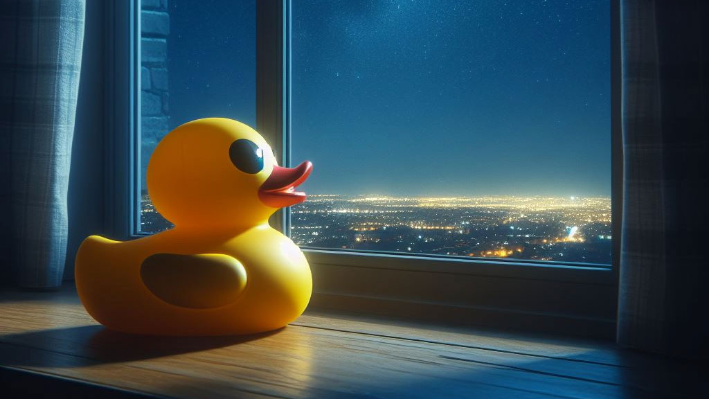Rubber duck looking out window