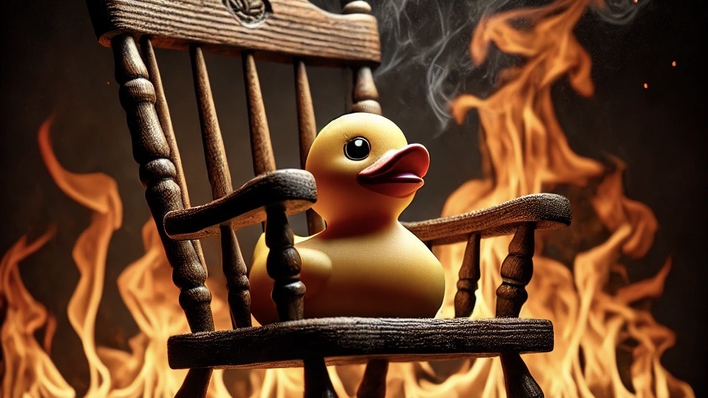 Rubber duck sitting in a rocking chair surrounded by fire