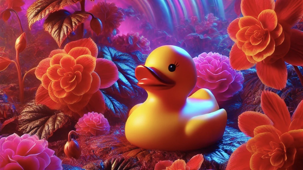 Rubber duck surrounded by scarlet begonias