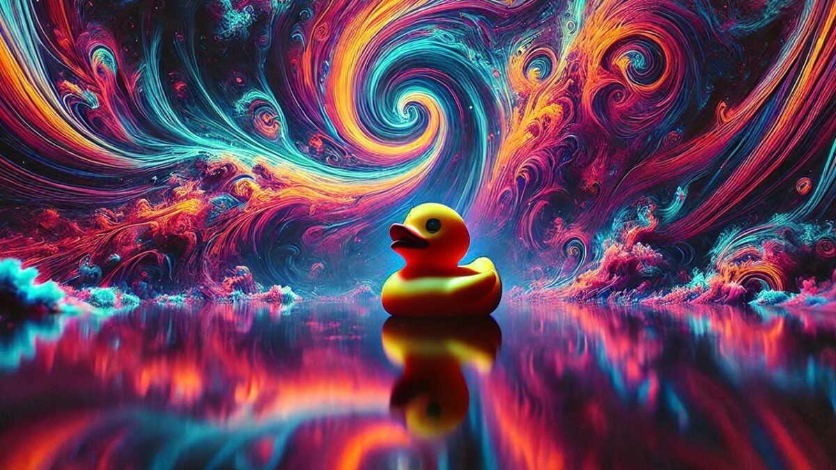 Rubber duck looking at colors in the sky