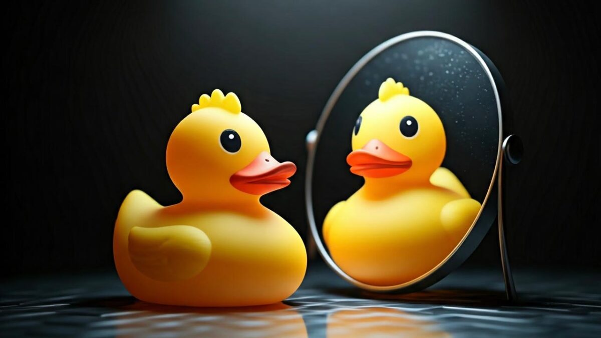 Rubber duck looking in a mirror