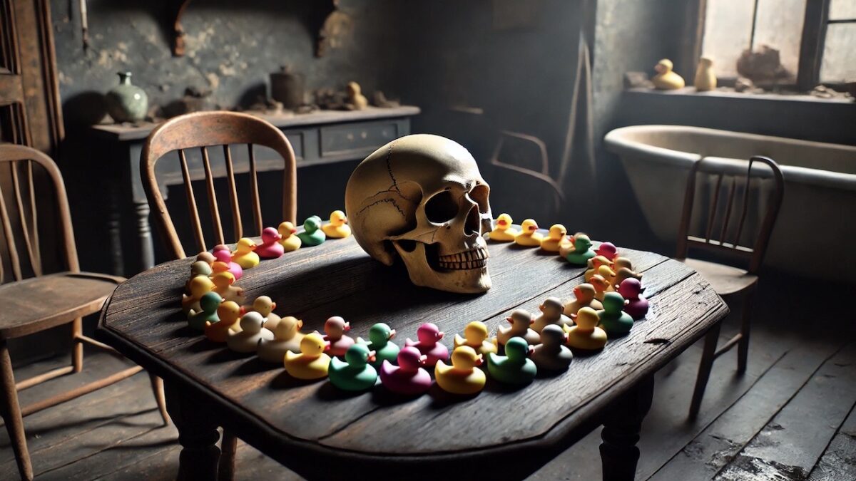 A skeleton head surrounded by a ring of rubber ducks