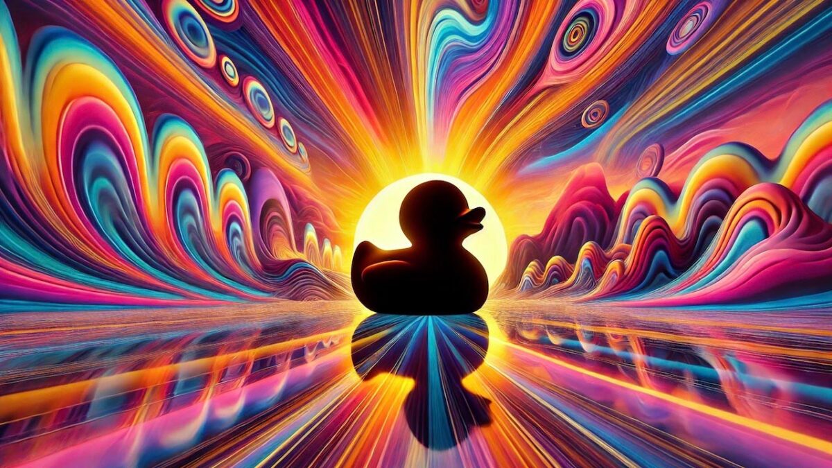 Psychedelic sunrise image featuring the silhouette of a rubber duck