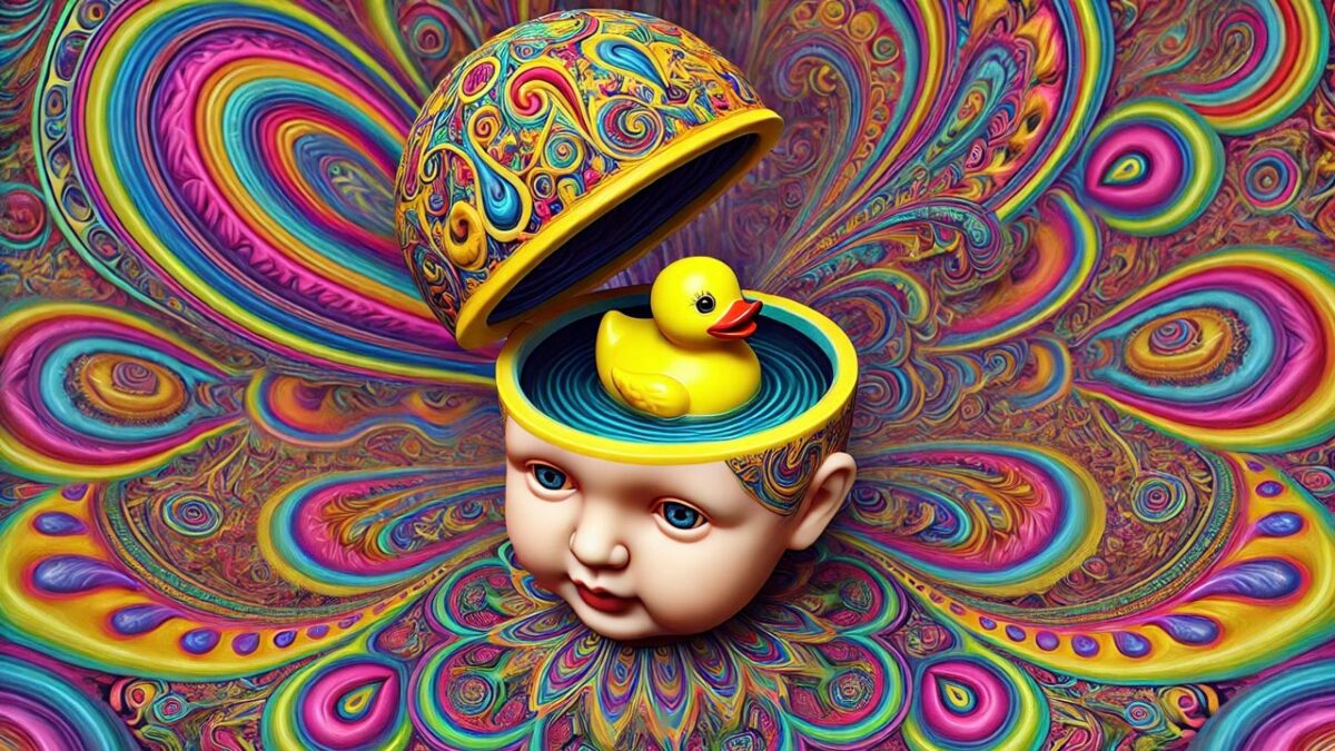 Rubber duck inside a doll's head