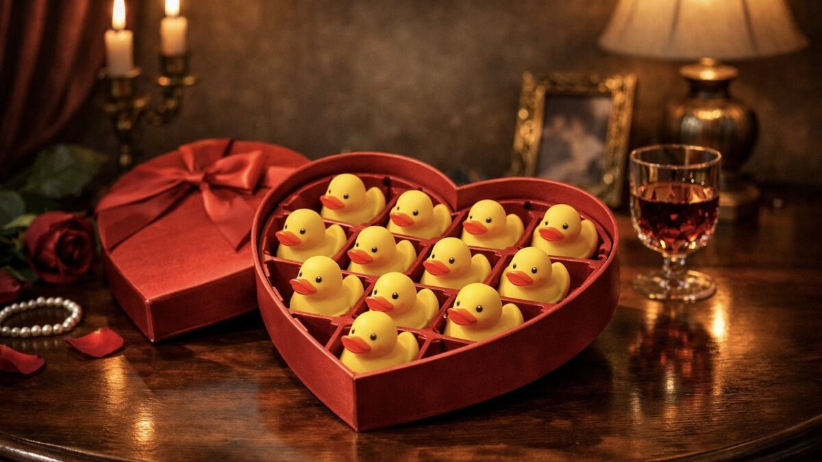 Heart-shaped box filled with rubber ducks